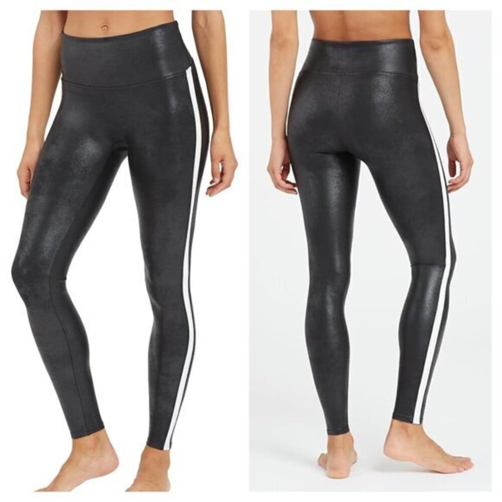 SPANX Faux Leather Stripe Leggings L Black/White
